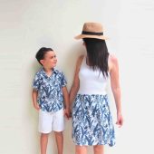Mommy and me Outfit - Blue Leaves, Matching mother son Outfit,mother son matching,Boho skirt,Summer skirt, matching shirt, Tropical shirt