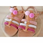 greek sandals, leather sandals, summer shoes, pink ribbon sandals, pom pom sandals, girl sandals, kid sandals, girl shoes, sandals for girls
