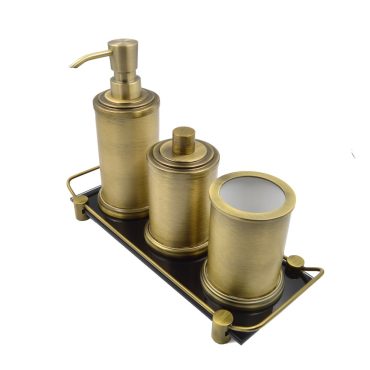Luxury Bathroom Accessories Set – Antique Bronze-Coated Solid Brass Liquid Soap Dispenser, Toothbrush Holder, Cotton Ball Holder & Base Tray