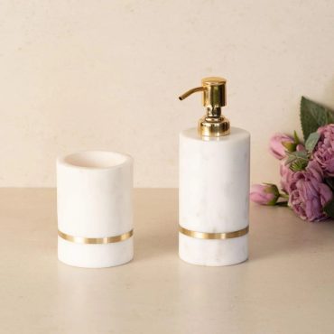 Brass Inlay marble Bathroom Set, Set of 2, Soap Dispenser, Tooth Brush Holder, Bathroom Essentials, Trendy Bath Decor Set, Modern Bath Set