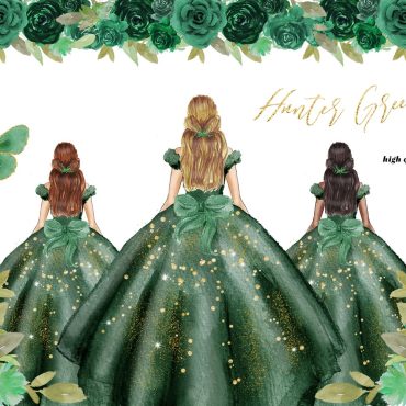 Hunter Green Princess Dress Clipart, Green Flowers watercolor clipart, Emerald quinceañera verde clipart, Mexican Wedding Dressses, CA154