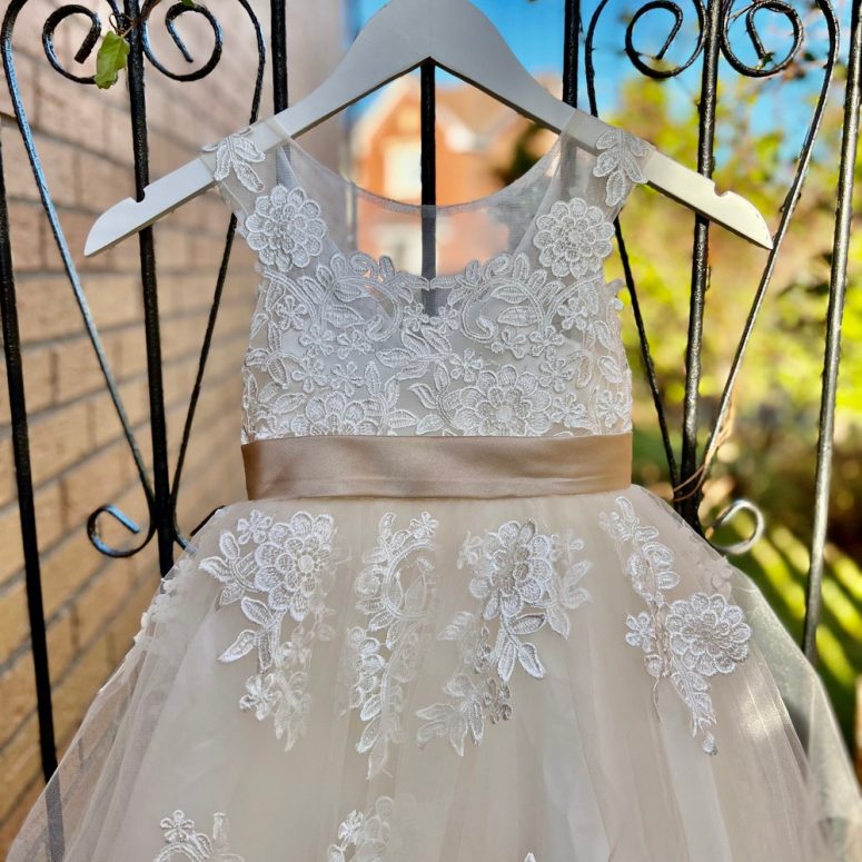 Floral Lace V Back Champagne Wedding Flower Girl Dress MD003