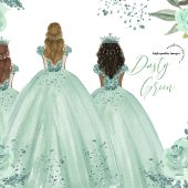 Elegant Dusty Green Princess Dress Clipart, Dusty Green Flowers watercolor, Sage Green Quinceañera clipart, Mexican 15th Birthday, CA158