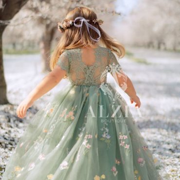 Sage Green Embroidered Tulle Flower Girl Dress – Lace V-Back Gown with Floral Script – Boho Wedding Dress for Girls