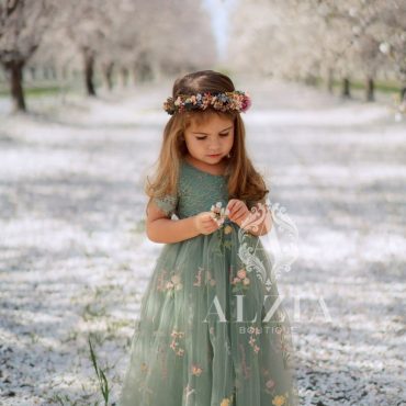 Sage Green Embroidered Tulle Flower Girl Dress – Lace V-Back Gown with Floral Script – Boho Wedding Dress for Girls