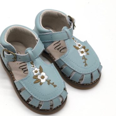 FLORA || duck egg blue premium wax leather sandal with embroidery || Toddler || Child || Youth ||