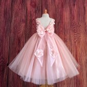 Blush 3D Floral Embroidery Ankle Length V-Back Flower Girl Summer Easter Elegant Birthday Pageant Wedding Bridesmaid Toddler Girl Dress