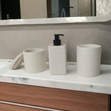3 Pieces Beige Bathroom Accessory Set, Multipurpose Container with Lid, Toothbrush Holder and Minimalist Liquid Soap Dispenser