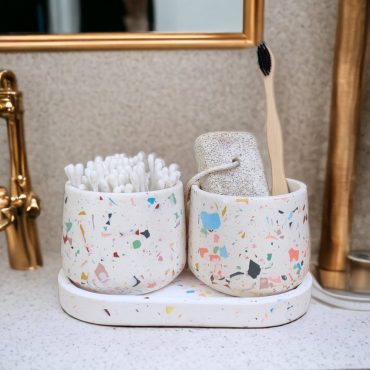 Colorful Terrazzo Bathroom Sink Storage Set Modern, Toothbrush and Ear Stick Holder with Oval Tray, Concrete Desk Tidy, New Couple Gift