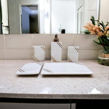White Marble Bathroom Accessories Set, Marble Soap Dispenser, Marble Tray, Tissue Paper Box, Soap Dish, Tooth Brush Holder, Glass/Dustbin