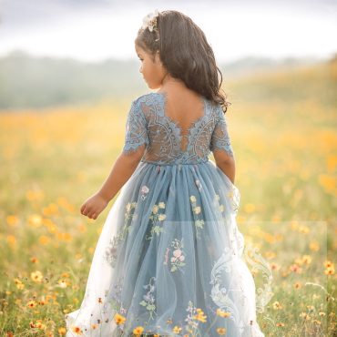 Blue Grey Flower Girl Dress – Floral Embroidered Tulle Dress with Lace Back – Boho Wedding Dress for Girls Toddler to Teen