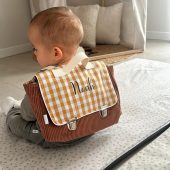 personalized brown velvet and gingham nursery school bag