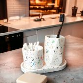 Colorful Terrazzo Bathroom Accessory Set with Tray, Concrete Toothbrush Holder, Terrrazzo Modern Oval Tray, Handmade Gift for Home