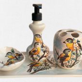 Bathroom Accessories Set with Birds, Liquid Soap Dispenser with Pump, Toothbrush Holder, Soap Dish, Lotion Dispenser, Incense Holder Gifts