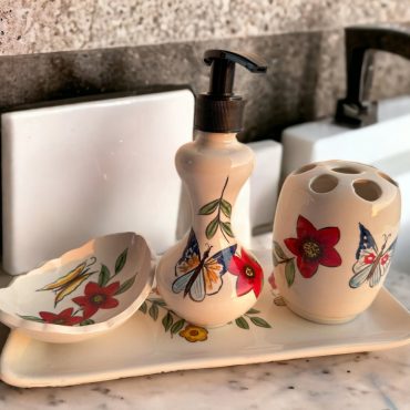 Bathroom Countertop Accessories with Butterflies, Liquid Soap Dispenser, Toothbrush Holder, Soap Dish, Lotion Dispenser, Bathroom Decor
