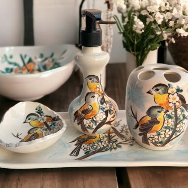 Bathroom Accessories Set with Birds, Liquid Soap Dispenser with Pump, Toothbrush Holder, Soap Dish, Lotion Dispenser, Incense Holder Gifts