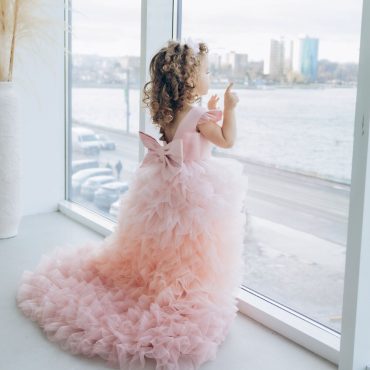 Blush pink birthday baby girl gown, first year birthday party dress, gown with train  for baby, gorgeous fluffy dress for kids, tutu dress