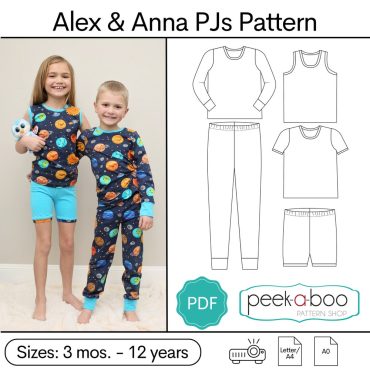 Alex and Anna Pajamas PDF Sewing Pattern: Pajamas PDF Sewing pattern, toddler pajamas pattern, girls pajamas, boys pajamas