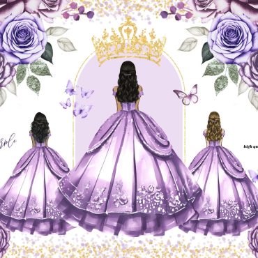 Light Purple Princess Dress Butterfly Floral Clipart, Purple Flowers watercolor Quinceañera Gold Crown Mexican Wedding Dress Clipart CA171