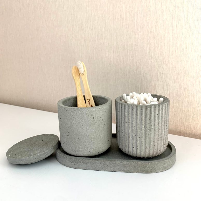 Concrete Cotton Swabs Jar Toothbrush Holder Cotton Rounds Jar Bathroom Set with Tray Farmhouse Bathroom Accessories  Decorative Jar with Lid