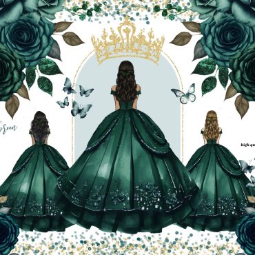 Emerald Green Princess Dress Butterfly Clipart, Hunter Green Flowers watercolor Quinceañera Gold Crown Mexican Wedding Dress Clipart CA171
