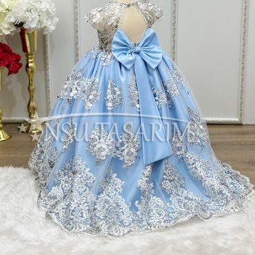 Full lenght Long tail high low,  Blue Silver Princess gown, Couture gown Blue