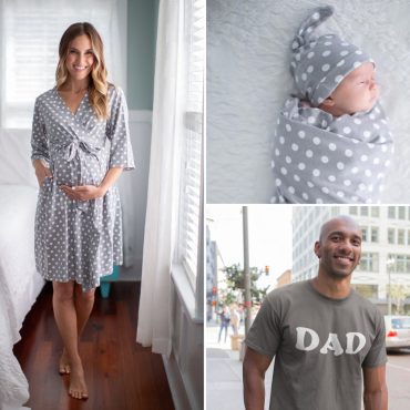 Family Matching Maternity Labor Delivery ROBE & Matching Baby SWADDLE Blanket Set + CHARCOAL Dad T-shirt/Baby Shower Gift/Baby Be Mine/ Lisa