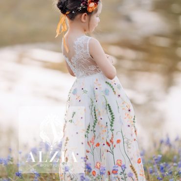 White Wildflowers Embroidered Tulle Flower Girl Dress