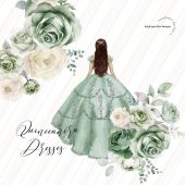 Elegant Dusty Green Princess Dresses Premade Quince Clipart, Dusty Green Flowers watercolor Sage Green Quinceañera Mexican Clipart, CA155