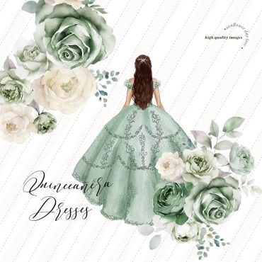 Elegant Dusty Green Princess Dresses Premade Quince Clipart, Dusty Green Flowers watercolor Sage Green Quinceañera Mexican Clipart, CA155