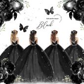 Black and Silver Princess Premade Quince Clipart, Black Flowers Quinceañera Fashion Clipart, Black Butterfly Dresses Glitter Clipart, CA190