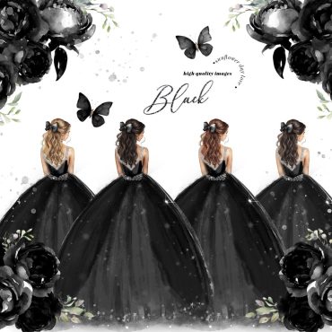 Black and Silver Princess Premade Quince Clipart, Black Flowers Quinceañera Fashion Clipart, Black Butterfly Dresses Glitter Clipart, CA190