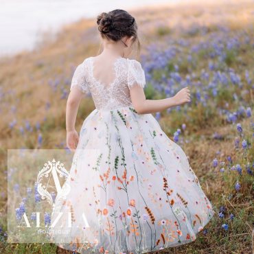White Wildflowers Embroidered Tulle Flower Girl Dress