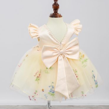 Flower Tulle Dress, Green Dress with Flowers, First Birthday dress, Toddler Photo Dress, Ruffle Sleeves Dress, Princess Dress