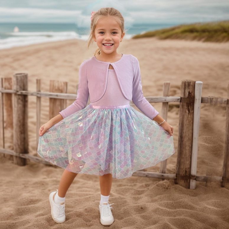 Girl's Lavender Mermaid Shinning Ballerina Tutu Dress/ L Sleeve Cardigan/Little Girl Dance Dress/Ultra Soft Cotton Feel Dress for Girl 3-7Y