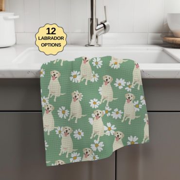 Labrador Tea Towel, green daisy flowers, yellow retriever tea towel, waffle kitchen towel, dog flour sack, housewarming gift, lab mom gift