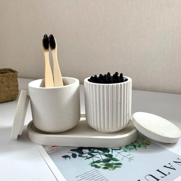 Q-Tips Jar Toothbrush Holder Set Cotton Pads Holder Bathroom Storage Jars With Lid  White Bathroom Organiser Concrete  Bathroom Accessories