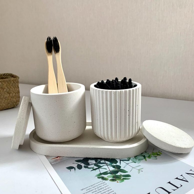 Q-Tips Jar Toothbrush Holder Set Cotton Pads Holder Bathroom Storage Jars With Lid  White Bathroom Organiser Concrete  Bathroom Accessories