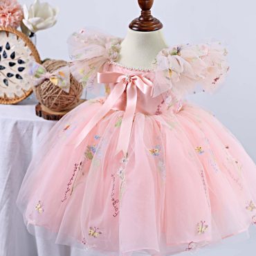 Blush Floral Pearls Flower Girl Dress For Romantic Garden Wedding, Pastel Embroidered Dress, Boho Girl Dress, Princess Frock With Embroidery