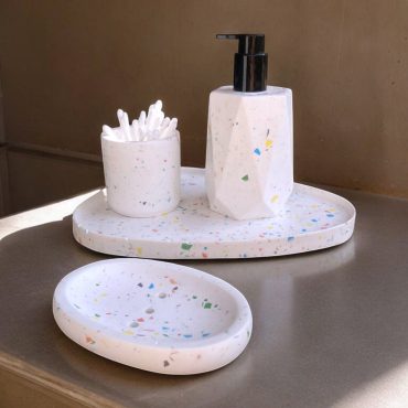 Terrazzo Bathroom Set with Tray, Concrete Liquid Soap Dispenser, Custom Colored Bath Accessory, Earstick Holder, Colorful Oval Soap Dish
