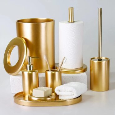 Victoria 7 Pcs. Bathroom Set in Gold Color / Dustbin, Toilet Brush, Tray, Paper Towel Holder, Soap Dispenser, Toothbrush Holder, Soap Tray