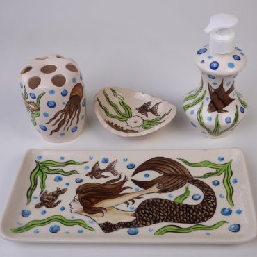 Bathroom Accessories Set with Mermaid Design, Liquid Soap Dispenser &  Pump, Toothbrush Holder, Soap Dish, Lotion Dispenser, Bath Gifts