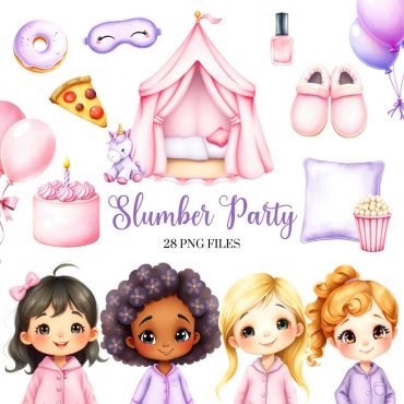 Slumber Party Clipart - Watercolor - Sleepover clipart - Pajama Party - Commercial license - Cute Clipart - Girl's Birthday Clipart - PNG