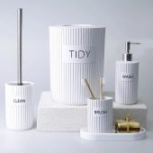 Grooved Bathroom Set in White Color / Luxury Bathroom Accessory Set with Trash can, Toilet brush, Soap Dispenser, Toothbrush Holder, Tray