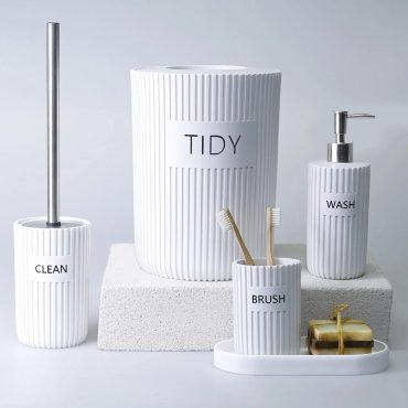 Grooved Bathroom Set in White Color / Luxury Bathroom Accessory Set with Trash can, Toilet brush, Soap Dispenser, Toothbrush Holder, Tray