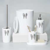 Wings Bathroom Accessories Set in White, Silver Colors / Bathroom Set with Trash Can, Toilet Brush, Soap Dispenser, Toothbrush Holder, Tray
