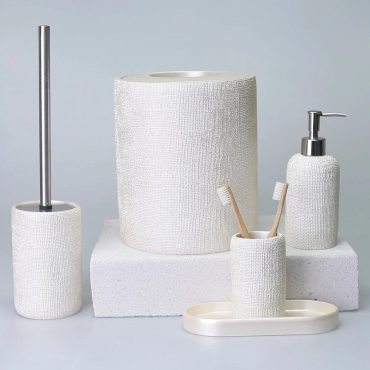 Natural Luxury Bathroom Accessories Sets with Trash Can, Toilet Brush, Soap Dispenser, Toothbrush Holder, Tray / Pearl Bathroom Accessories