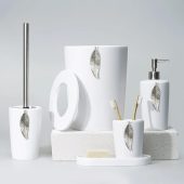 Leaf Bathroom Accessories Set in White, Silver Colors / Bathroom Set with Trash Can, Toilet Brush, Soap Dispenser, Toothbrush Holder, Tray