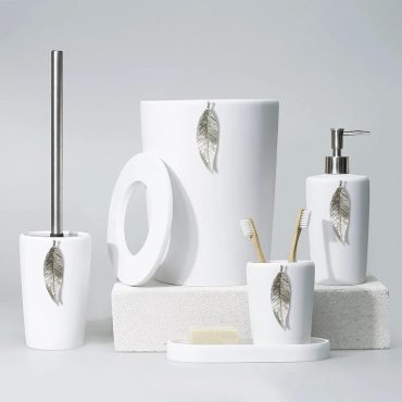 Leaf Bathroom Accessories Set in White, Silver Colors / Bathroom Set with Trash Can, Toilet Brush, Soap Dispenser, Toothbrush Holder, Tray
