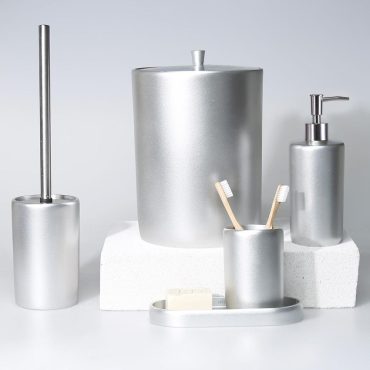 Victoria Bathroom Accessories Sets in Silver Color / Trash Can, Toilet Brush, Soap Dispenser, Toothbrush Holder, Tray / Modern Bath Design